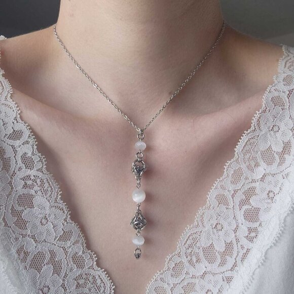 Gothic long Selenite and silver chain mail rosary necklace - Picture 3 of 8